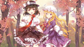 Anime girls dresses hats forest 2 - a red umbrella free wallpaper