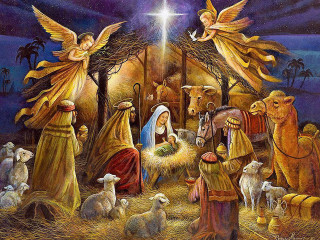 Nativity scene angels sheep star - free christmas wallpaper