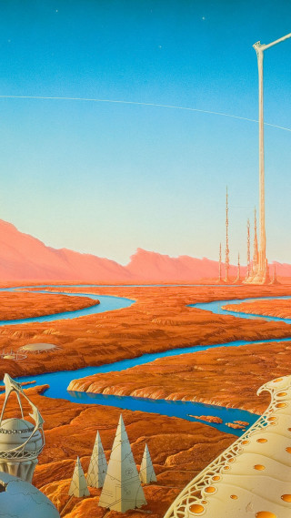Landscape river rocket ship city - distant free wallpaper for mobile