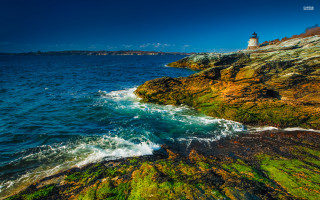 Lighthouse rocky cliff ocean green - green alga free wallpaper