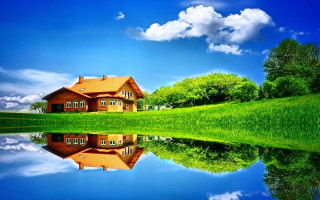 House reflection lake green field 10 - a house free wallpaper