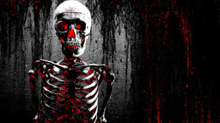 Skeleton red eyes dark room - red paint free wallpaper