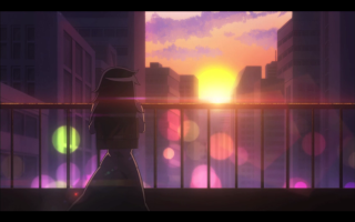 Person balcony sunset buildings distance - the sunset free wallpaper