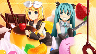 Anime girls table donuts fruit - a spoon free wallpaper