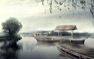 Boat docked lake hut roof - cao buxing free wallpaper