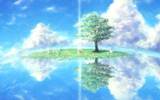 Tree island lake rainbow painting - a small island in the middle of a lake free wallpaper