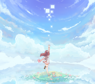 Girl reaching sky star cat - a blue sky free wallpaper for tablet