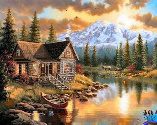 Cabin lake boat mountain painting - the water and a mountain in the background free wallpaper