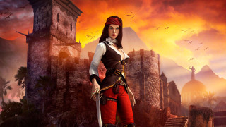 Woman pirate costume castle sword - her hand and a bird free wallpaper for desktop