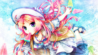 Girl pink hair hat cell - a blue sky behind her free wallpaper