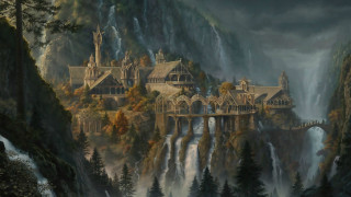 Castle cliff waterfall mountain painting 2 - a painting of a castle free wallpaper