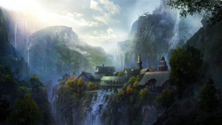 Fantasy castle mountain waterfall below - christophe vacher free wallpaper