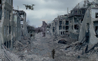 Man destroyed city street plane - american realism free wallpaper