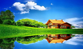 House reflection lake green field 11 - a green field and trees free wallpaper
