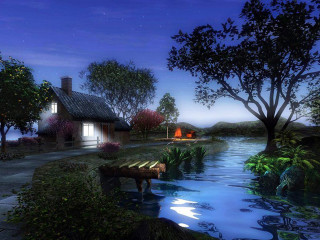 Small house river night horse - dreamlike free wallpaper