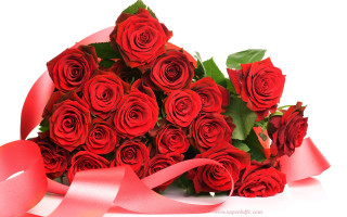 Red roses bouquet pink ribbon - a bouquet free wallpaper