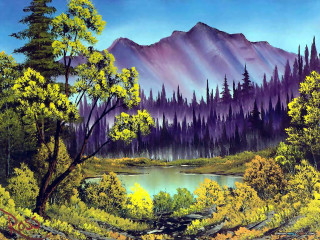 Mountain lake trees purple sky 2 - a painting of a mountain lake free wallpaper