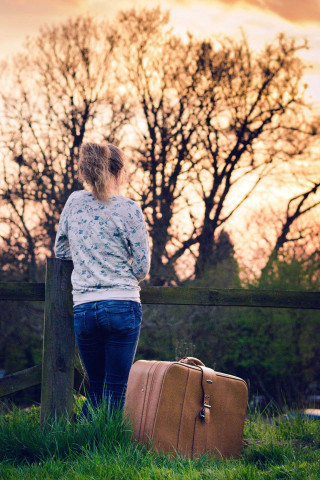 Woman fence suitcase tree background - liminal free wallpaper for mobile