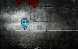 Blue face red balloons concrete - dystopian art free wallpaper