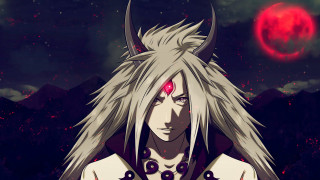 Horned man red moon mountains - baiōken eishun free wallpaper for desktop