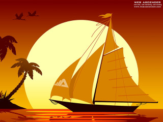 Sailboat sunset ocean palmtrees birds - a sailboat free wallpaper