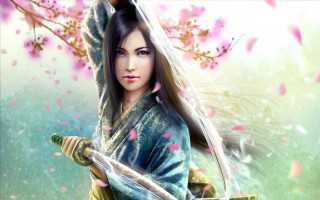 Woman sword tree pink flowers - chen chun free wallpaper