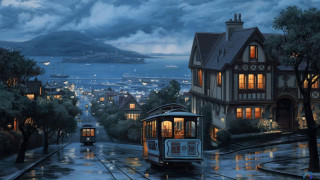 Trolley car rainy night city - rainy free wallpaper