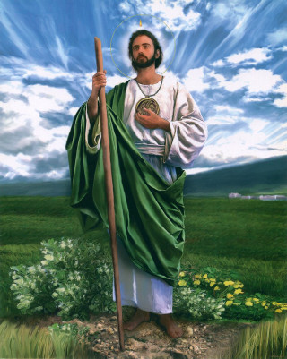 Jesus holding staff field flowers - preraphaelitism free wallpaper for mobile