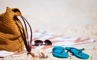 Blue sandals straw bag beach - a pair free wallpaper