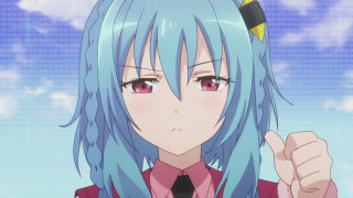 Girl blue hair pointing camera - a sky background behind her free wallpaper