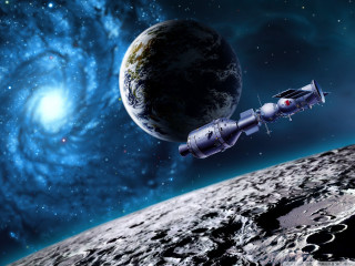 Space station over moon spiral - blue star free wallpaper