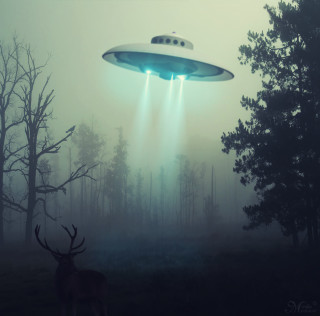 Flying object sky forest deer - free sci-fi wallpaper for tablet
