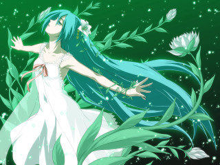 Blue hair white dress anime - a field of flowers and grass free wallpaper