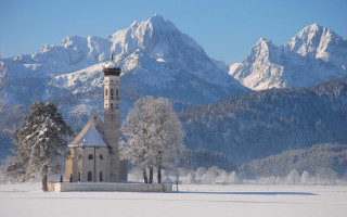 Church snowyfield mountains winter romanticism - mountain range free wallpaper