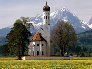 Church field mountains snow capped - the background and snow free wallpaper