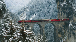 Train bridge mountains snow trees - snow and trees free wallpaper