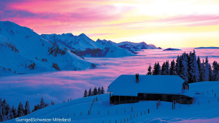 House snowy mountains pink sky 3 - stunning free wallpaper