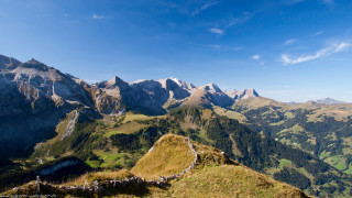 Mountain range grassy slope trees 2 - a few mountain free wallpaper for desktop