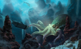 Octopus attacking submarine deep sea - alejandro burdisio free wallpaper