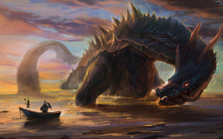 Giant dragon man boat water - a giant dragon free wallpaper