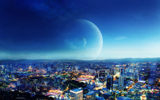 Cityscape large moon distant object 2 - a cityscape free wallpaper