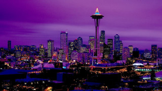 City skyline purple blue sky 3 - everett warner free wallpaper for desktop
