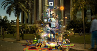 Man street corner colorful sculpture - back free wallpaper