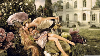 Women flowers building dog group - whimsical free wallpaper