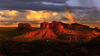 Rainbow over mountains in distance - rim light free wallpaper