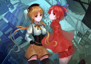 Anime girls standing room clock - the wall behind them free wallpaper