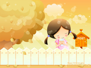 Girl postbox tree birdhouse standing - naive free wallpaper for desktop