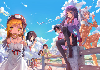 Anime girls fence blue sky - assemblage free wallpaper