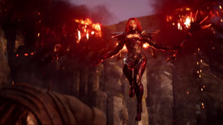 Woman futuristic suit flying fire - unreal engine free wallpaper for desktop