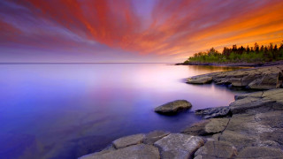 Sunset lake rocks trees beautiful - the foreground and trees free wallpaper